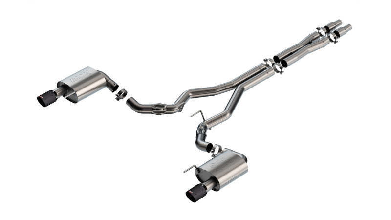 Borla Catback exhaust system with carbon fiber tips installed on a 2024 Ford Mustang GT 5.0L V8, showcasing sleek design and performance.