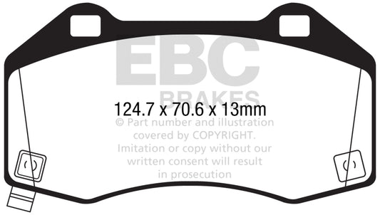 EBC 2017+ Fiat 124 Spider 1.4L Turbo Abarth Redstuff front performance brake pads showing red friction material