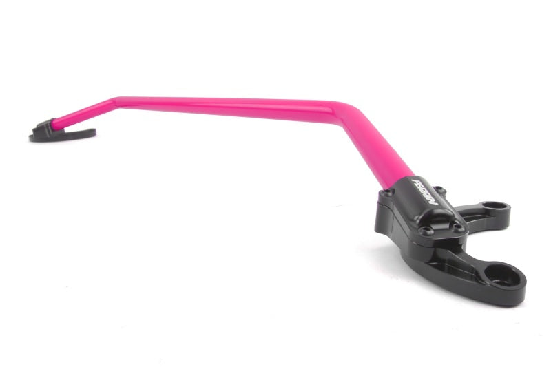 Perrin Performance front strut brace in hyper pink for Subaru WRX, STi, Impreza, and Forester models, visible mounting points and bar.