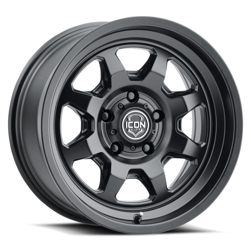 ICON Nuevo 17x8.5 satin black cast wheel with 5x150 bolt pattern and 25mm offset, shown from a side angle.