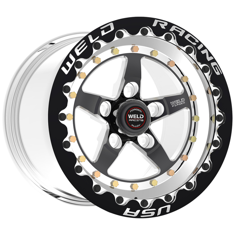 Weld Weldstar Beadlock forged wheel, 15x8 inches, black center with polished shell, 5x4.75/4.5 bolt pattern, black SBL MT design