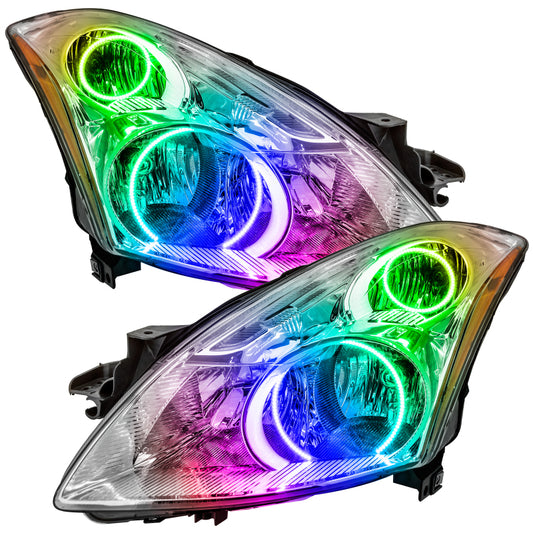 Oracle Lighting Nissan Altima 10-12 sedan SMD headlight with ColorSHIFT and 2.0 controller, showing illuminated multicolor LED headlights.