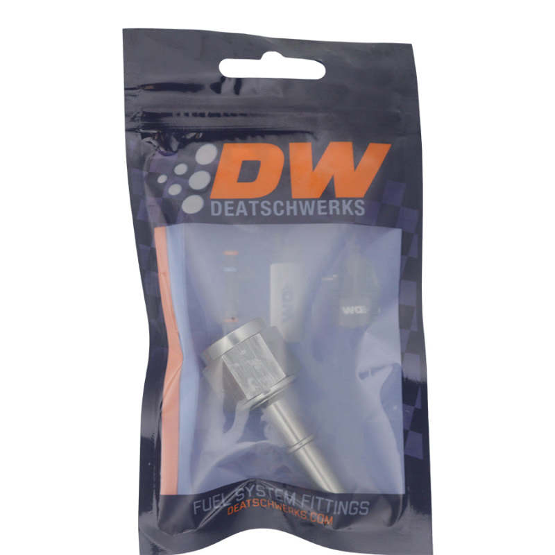 DeatschWerks 8AN female flare swivel fitting with 5/16 inch male EFI quick disconnect, anodized titanium fuel component.