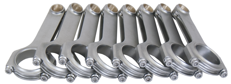 Eagle Chevrolet small block H-beam connecting rods with ARP L19 bolts for 8-cylinder engines, set of 8, shown in image.