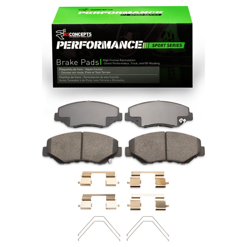 R1 Concepts Acura ILX 2021 front performance sport brake pads and hardware kit with detailed metal components and packaging.