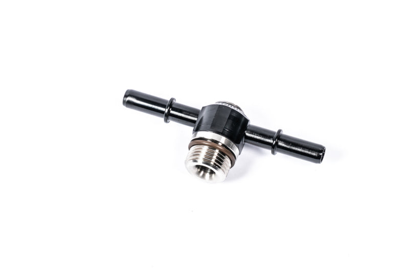 Radium Engineering 10AN ORB swivel banjo fitting connecting to dual 10mm SAE male fittings on an automotive fuel line.