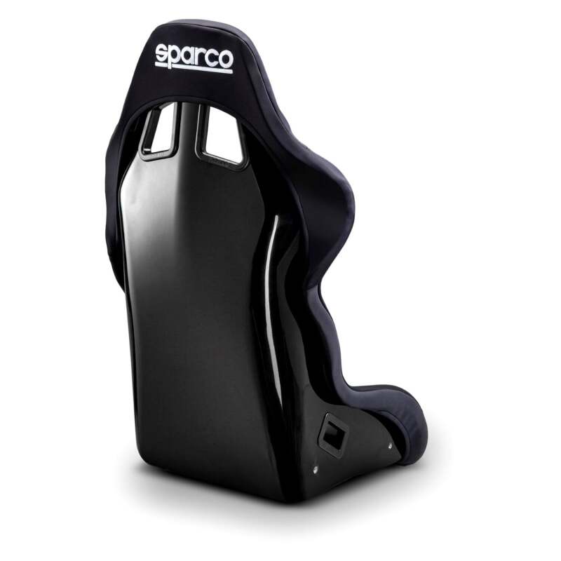 Black Sparco Evo L QRT X race seat with racing harness slots and supportive design, ideal for motorsport vehicles.