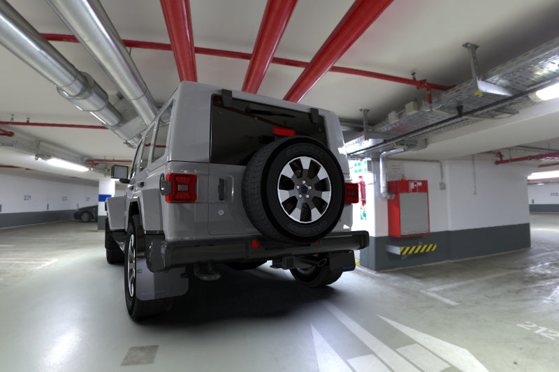 Rally Armor Jeep JL Wrangler black mud flaps with blue logo, durable rubber material for off-road protection.
