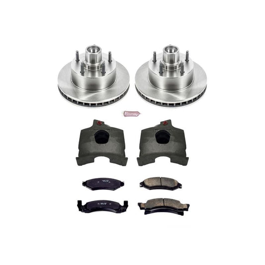 PowerStop OE brake rotors for 1986 Ford F-150 front Autospecialty kit with calipers, showing clean, new automotive brake components.