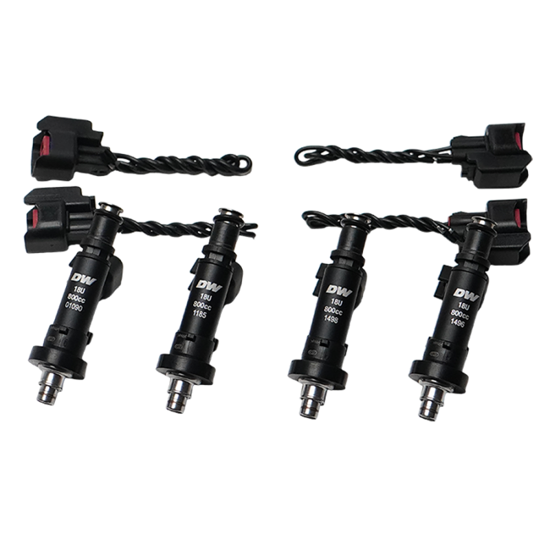 DeatschWerks Honda/Acura B/D/F/H Series 800cc fuel injector set for 4-cylinder engines, showing four high-performance fuel injectors.