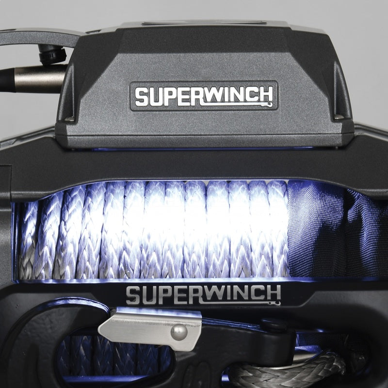 Superwinch 10,000 lbs 12V DC winch with synthetic rope, showing the winch mounted with the 3/8 inch x 80 ft synthetic rope attached.