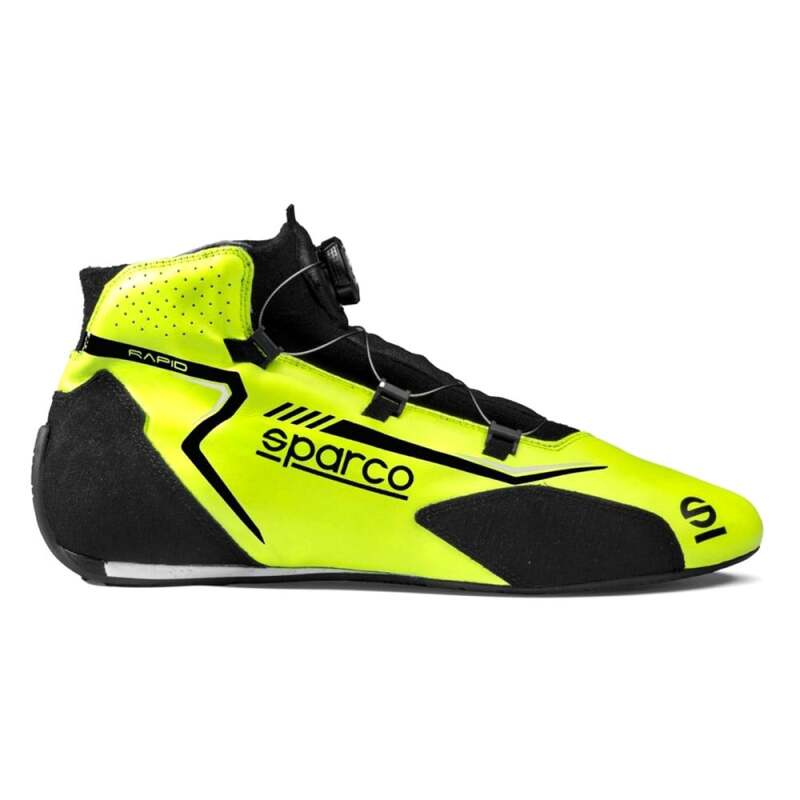 Sparco Rapid YEL/BLK racing shoes in size 44 with black and yellow design, featuring racing shoe details and branding.