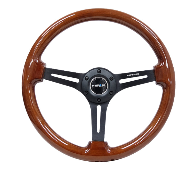NRG reinforced 350mm brown wood steering wheel with black matte spokes and center mark for racing or performance vehicles.