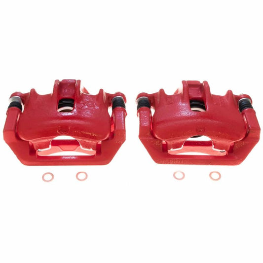 Pair of PowerStop 1999 Land Rover Discovery rear red performance brake calipers on a vehicle.