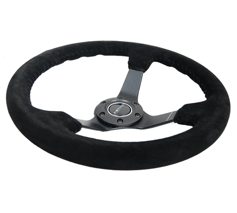 NRG reinforced steering wheel with black suede grip, basketball stitch, 350mm diameter, 5mm matte black spoke for racing cars.