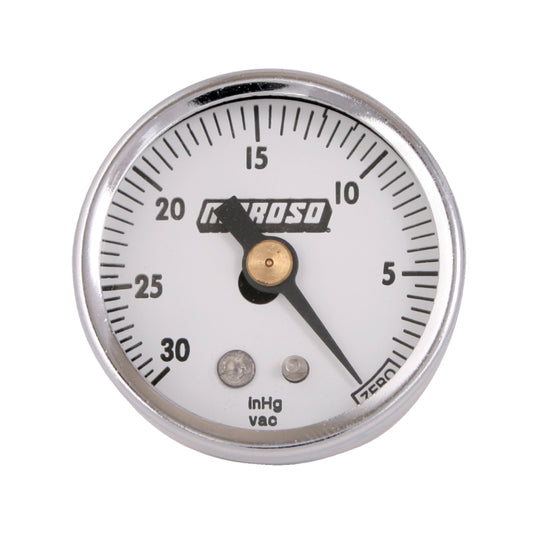 Moroso vacuum gauge with 0-30 in Hg range, 1.5-inch diameter, featuring a clear dial and black casing for accurate pressure readings.