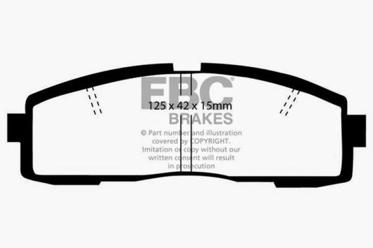 EBC Redstuff rear brake pads for Toyota Supra 2.8, performance brake pads with red friction material and metal backing plate.