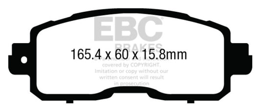 EBC Greenstuff front brake pads for Nissan Altima 2.5 L33 sedan, performance brake pads with green friction material.