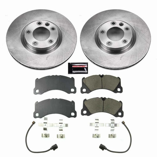 PowerStop OE front brake kit for Porsche Cayenne 2013-2018, including brake rotors and pads, installed on a vehicle.