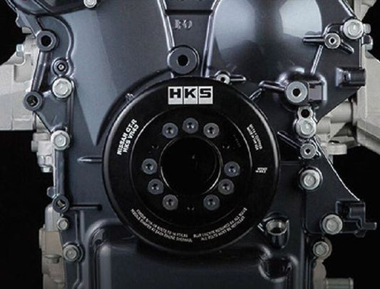 HKS VR43 crank damper pulley for 2008 Nissan GT-R VR38DETT engine, showing the hardware component in a close-up image.
