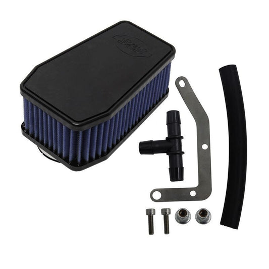 S&S Cycle StealthTwo air cleaner kit installed on Indian Scout or Victory motorcycle, showing sleek black air intake component.