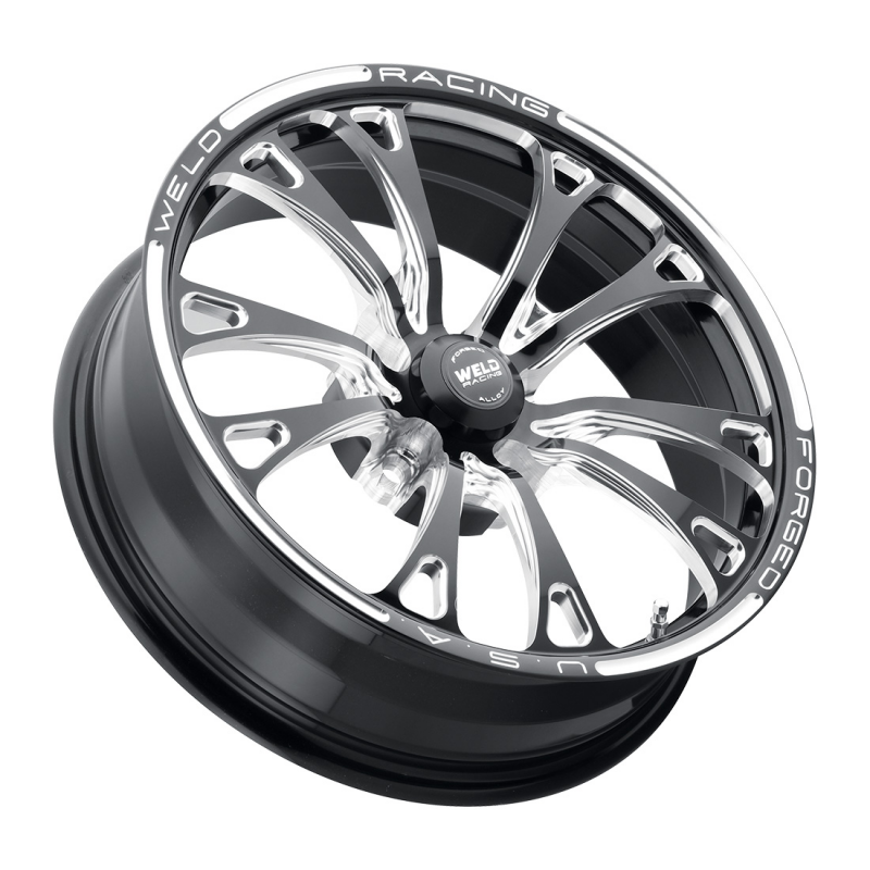 Weld V-Series Frontrunner 17x3.5 forged wheel with gloss black milled finish on Anglia Spindle, non-backlit style.