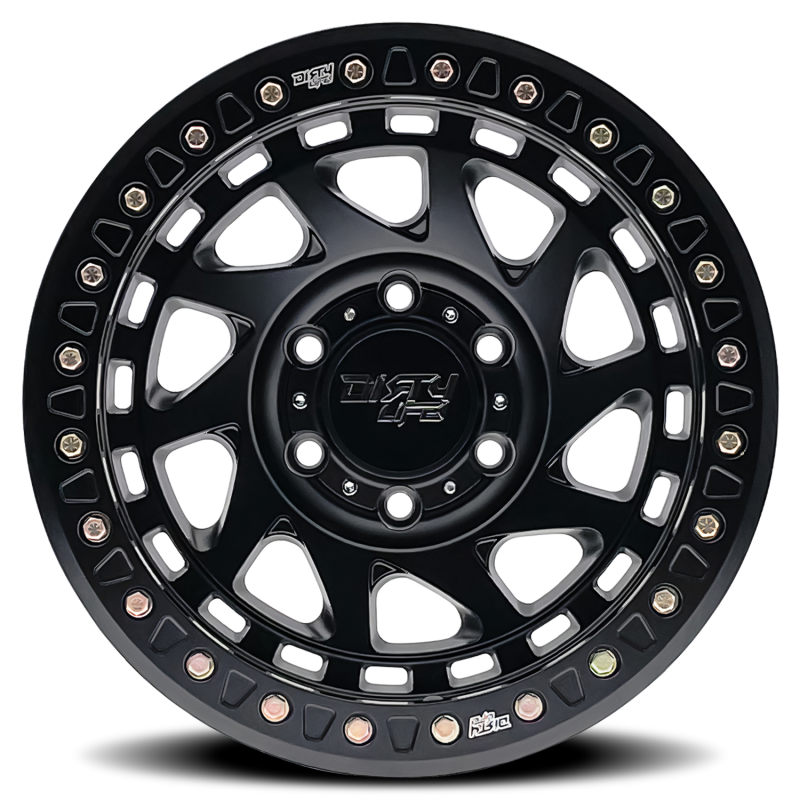 Dirty Life Enigma Race 17x9 matte black cast wheel with 6x135 bolt pattern, -12mm offset, 87.1mm hub for off-road vehicles.
