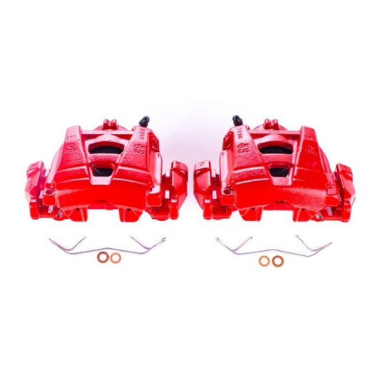PowerStop red front brake calipers with brackets for 2015-2018 Audi Q3, performance upgrade, shown with mounting hardware.