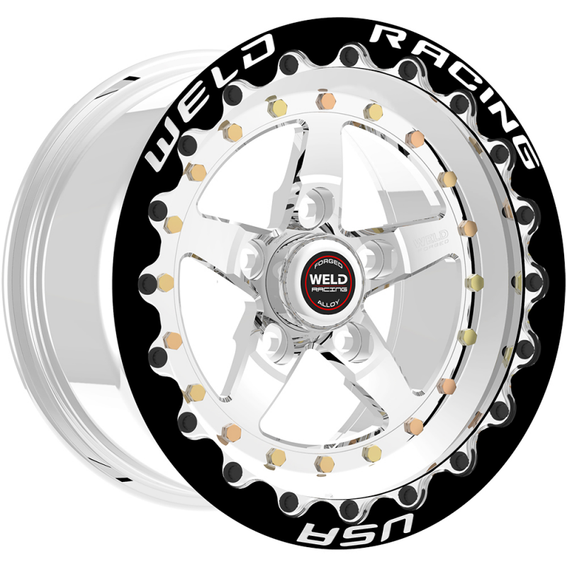 Weld Weldstar Beadlock forged wheel, 15x8 inches, black center with polished shell, 5x4.75/4.5 bolt pattern, black SBL MT finish