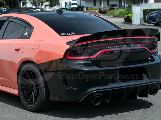 Dodge Charger SRT Hellcat Redeye style rear trunk wing spoiler in matte or gloss black, featuring a wickerbill design for sporty look.
