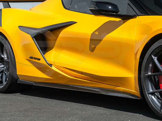 Carbon fiber side fender intake vent door for 2023+ Corvette C8 E-Ray and Z06, replacement air scoop trim by Street Driven Performance.