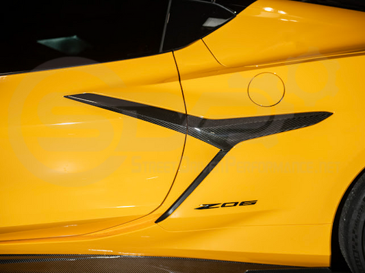 Carbon fiber side fender vent intake door for 2023+ Corvette C8 E-Ray and Z06, replacement air scoop trim by Street Driven Performance.