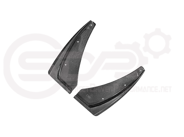Pair of black carbon fiber mud flaps for 2022-up Cadillac CT5-V Blackwing, designed to protect the vehicle's front and rear splash areas.