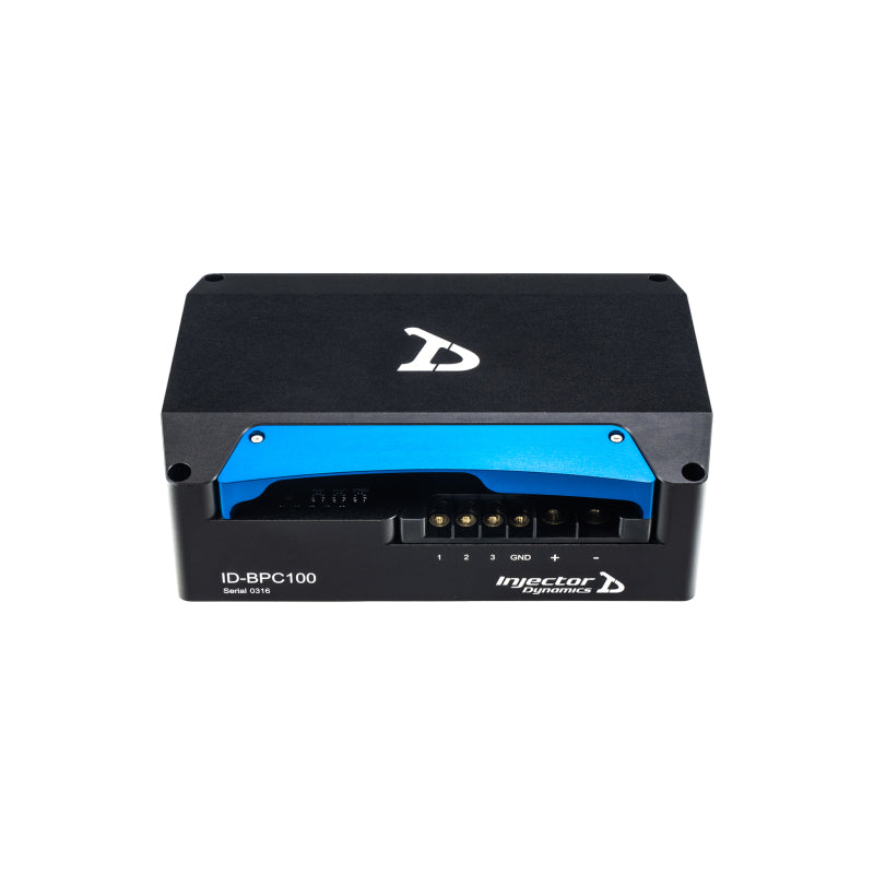 Injector Dynamics 100 AMP brushless fuel pump controller for TI E5LM fuel pump, compact electronic controller with wiring connections.