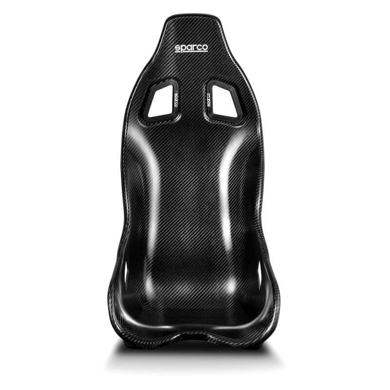 Black Sparco Ultra Carbon race seat with supportive design and racing harness slots, ideal for high-performance driving.