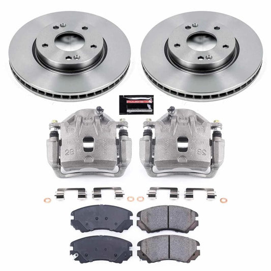 PowerStop OE front brake kit with calipers for 2005-2009 Hyundai Tucson, includes brake rotors and pads.
