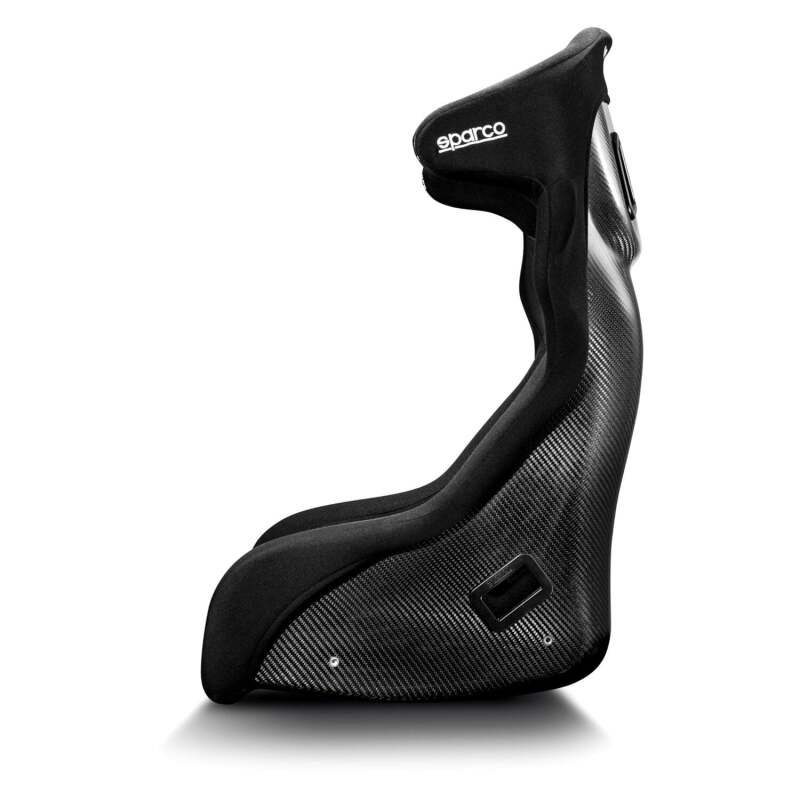 Black Sparco Circuit II carbon race seat with racing harness slots and supportive bolstering, designed for high-performance driving.