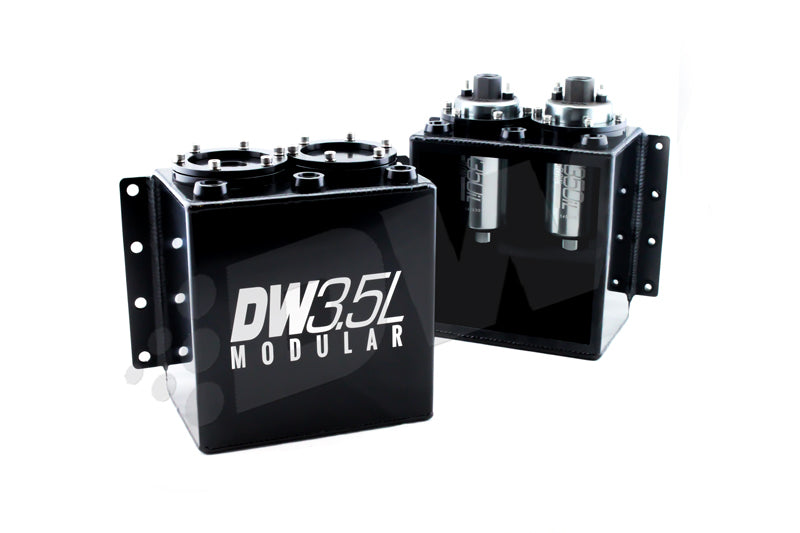 DeatschWerks 3.5L Modular Surge Tank for fuel system, shown with mounting brackets and inlet/outlet ports, no pumps included.