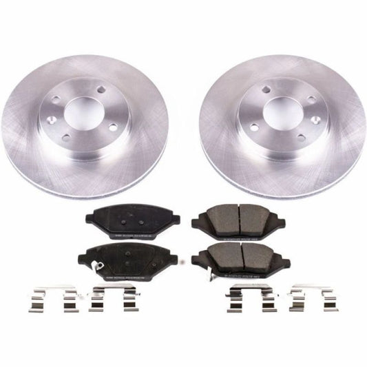 PowerStop OE front brake kit for Chevrolet Spark 2016-2019, including brake rotors and pads, installed on the vehicle.