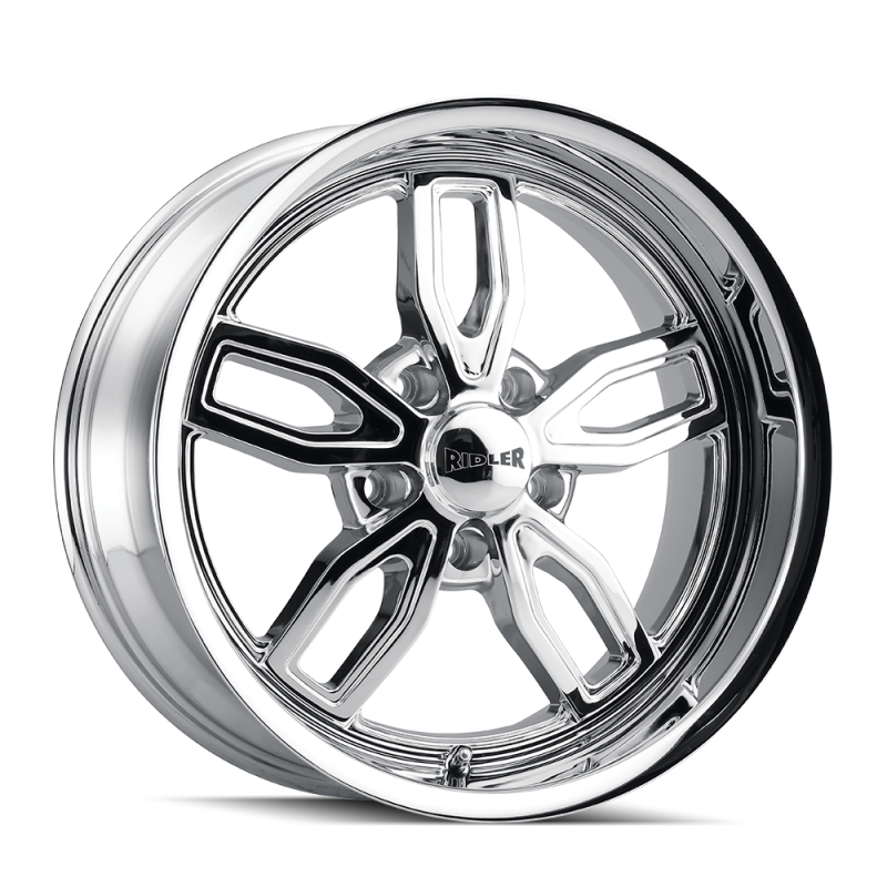 Ridler 608 chrome cast wheel, 18x8 inches, 5x114.3 bolt pattern, 0mm offset, 72.62mm hub bore, automotive wheel.