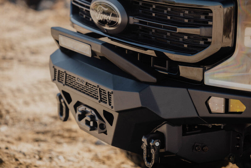 Steel front bumper for Ford Super Duty F-250/F-350 from DV8 Offroad Spec Series, rugged design with heavy-duty construction.