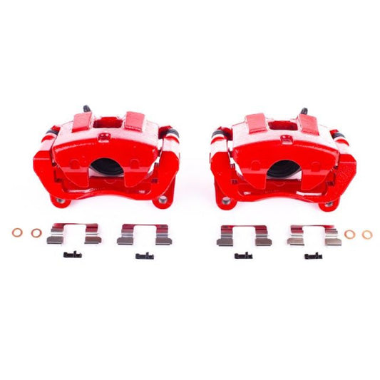 Pair of PowerStop front red brake calipers with brackets for 2014-2018 Jeep Cherokee, performance brake calipers shown in image.