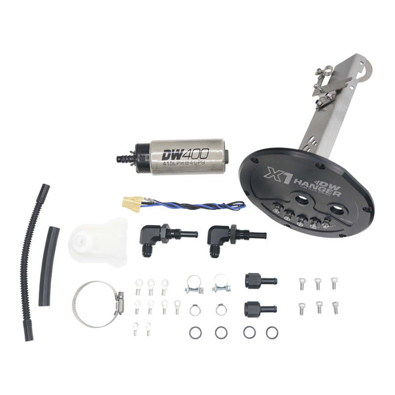 DeatschWerks X1 Series fuel pump module with DW400 pump for Nissan S13 R32 Skyline non-GTR, showing the fuel hanger assembly.