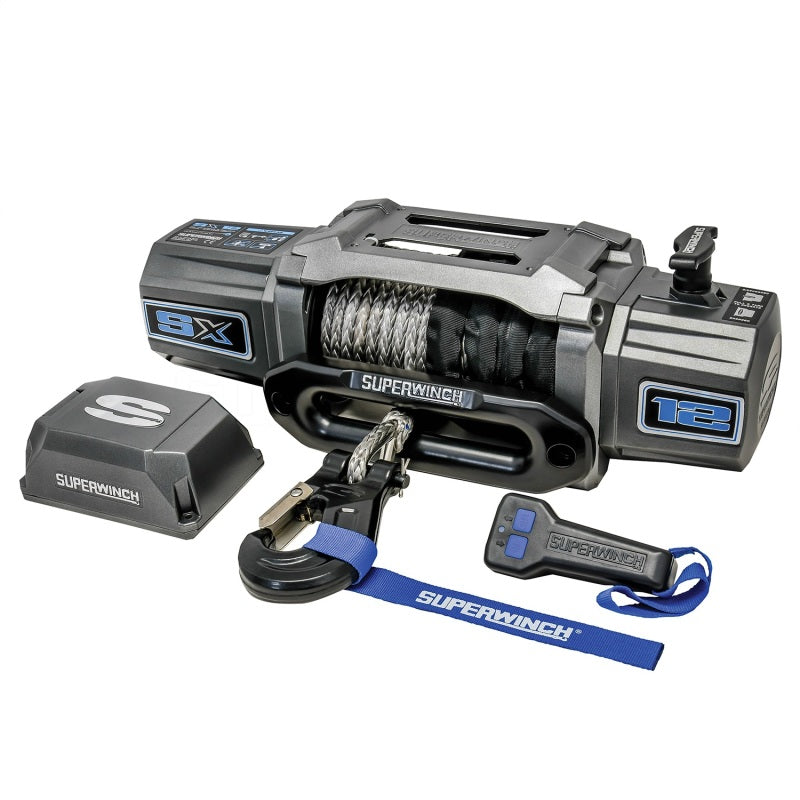 Superwinch 12000 LBS 12V DC winch with 3/8 inch x 80 ft synthetic rope and graphite finish, designed for heavy-duty vehicle recovery.