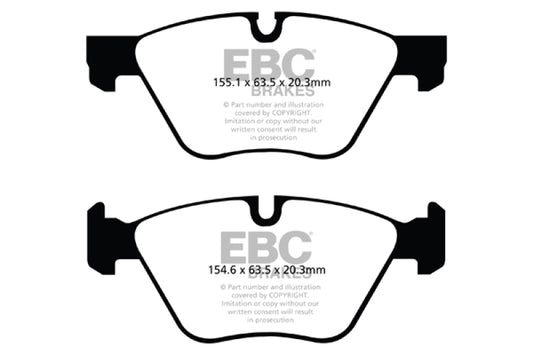 EBC Greenstuff front brake pads for BMW 528 2.0 Turbo F10, performance brake pads with green friction material.