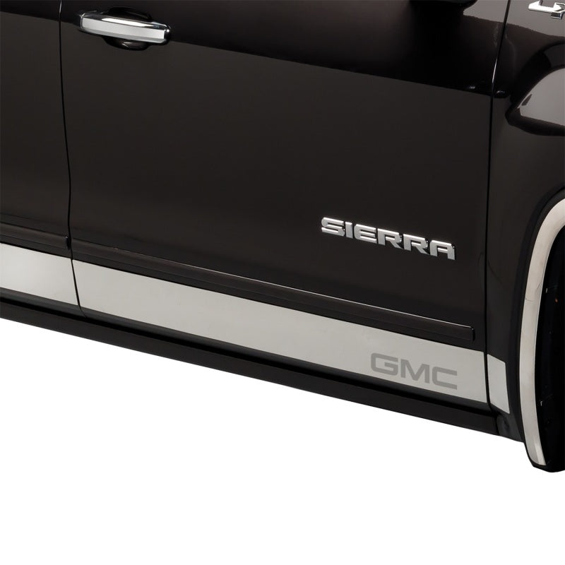 Putco SS rocker panels for 2007-2013 GMC Sierra Crew Cab with 5.5-foot box, 6-inch wide, 12-piece body armor and rock rails.