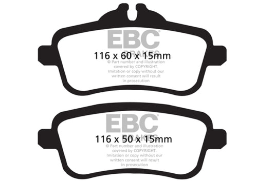 EBC Ultimax2 rear brake pads for Mercedes-Benz GL350 3.0 TD, OE type, showing the brake pad set with metal backing and friction material