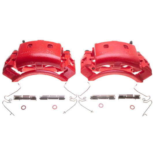 Pair of PowerStop red front brake calipers with brackets for Ford E-150 2004-2006, performance brake calipers for improved stopping power.