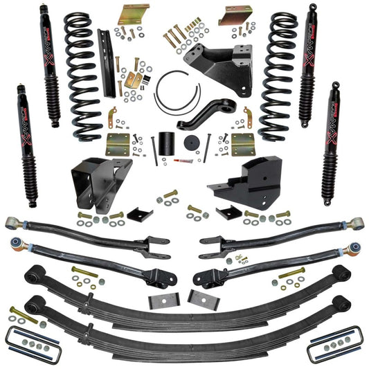 Skyjacker 6-inch lift kit for 2023 Ford F250 4WD gas model with leaf springs, showing lifted suspension components and rugged tires.