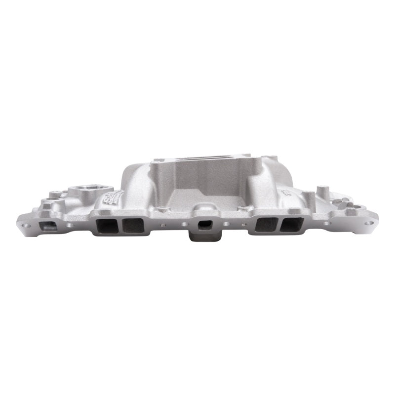 Edelbrock Performer EPS intake manifold for Small-Block Chevy with oil fill tube and breather, installed on engine.
